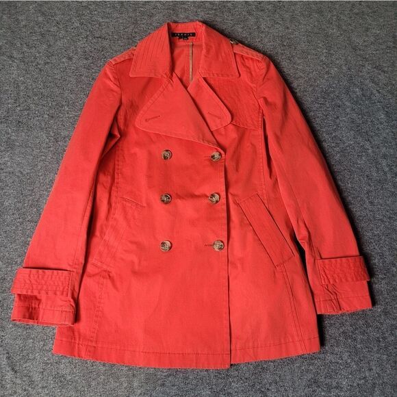 Theory Trench Coat Womens Size P Petite Double Breasted Orange Jacket - Picture 1 of 14
